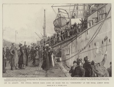 Rumbo a Ashanti, el Cuerpo de Servicio Especial embarcando en el SS Coromandel en los muelles Royal Albert de William Lionel Wyllie